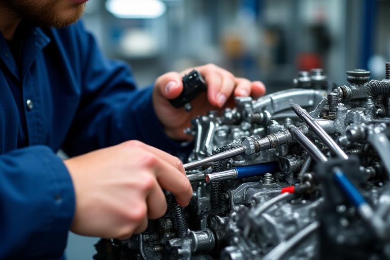 엔지니어가 정밀 장비로 엔진을 조정하고 있는 모습