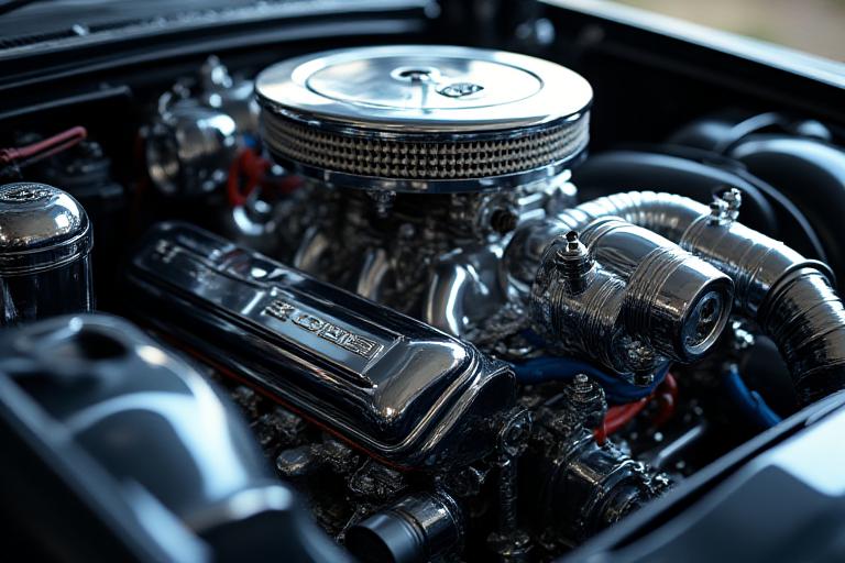 빛나는 고성능 엔진의 클로즈업 사진
